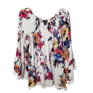 Ali Miles Rayon Floral Print Smocked Fringed Flared Sleeve Peasant Blouse Size M